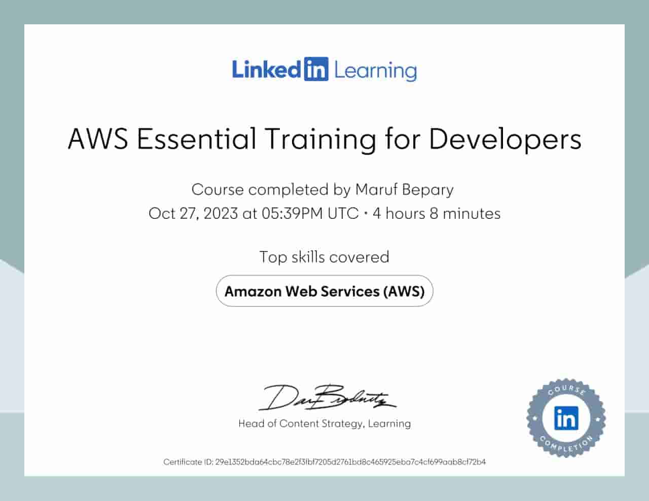 AWS Essential Training for Developers certificate image