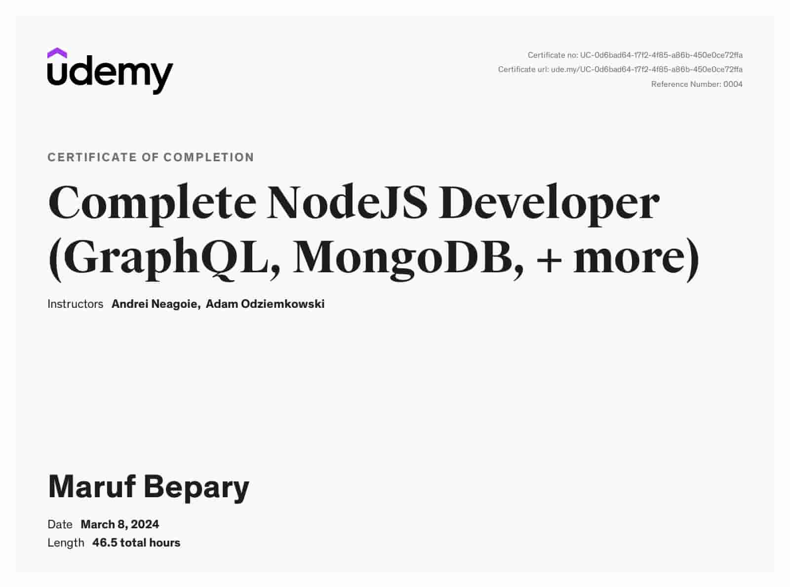 The Complete Node.js Developer certificate image