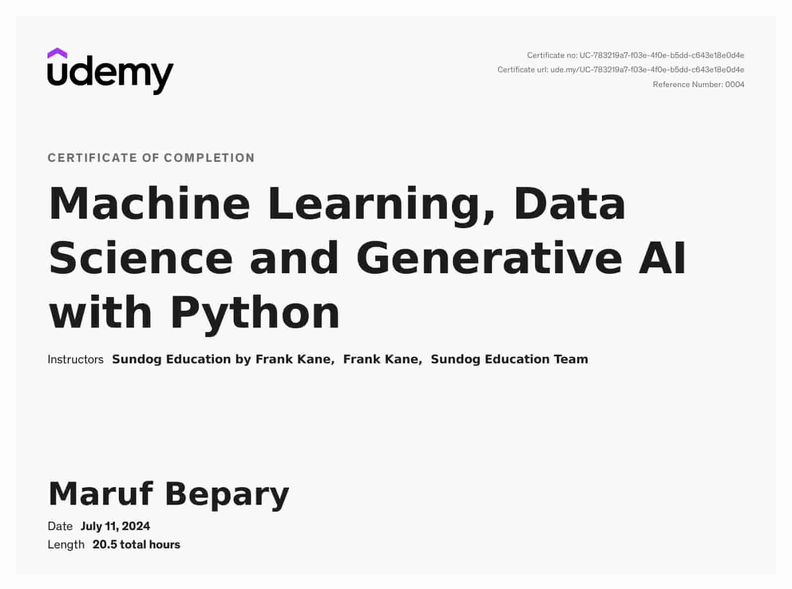 Machine Learning, Data Science and Deep Learning with Python certificate image