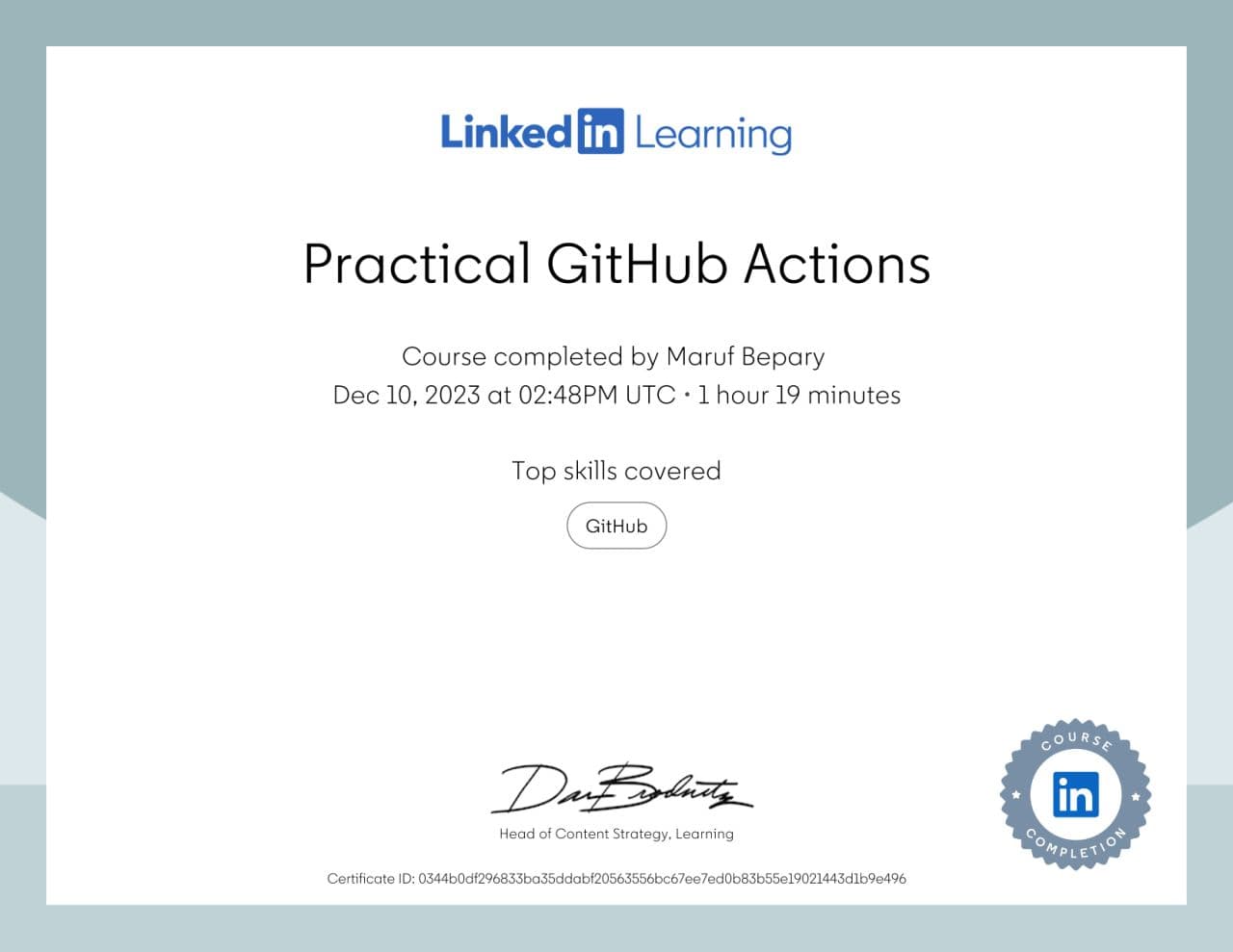 Practical GitHub Actions certificate image