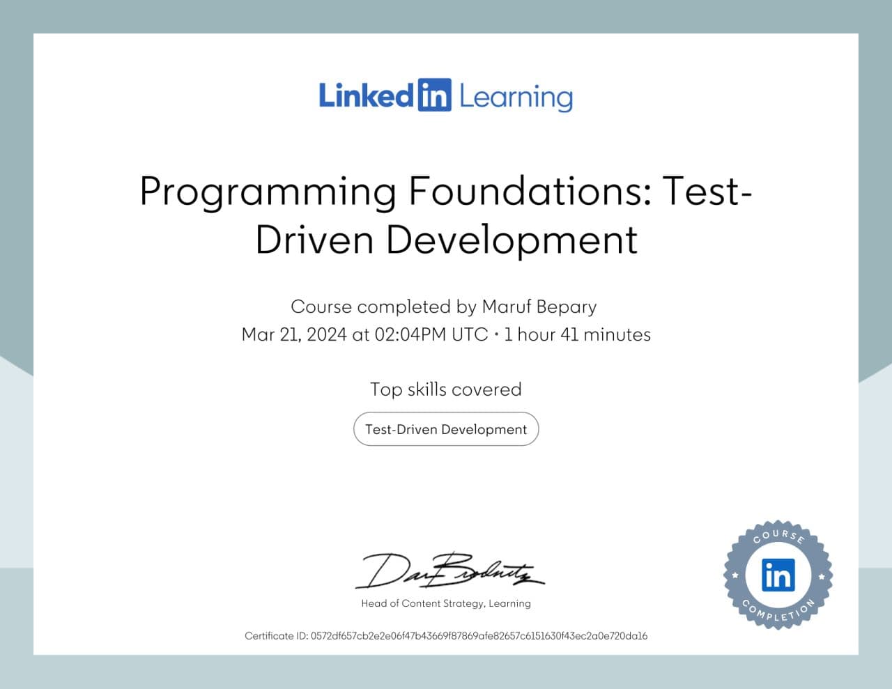 Programming Foundations: Test-Driven Development certificate image