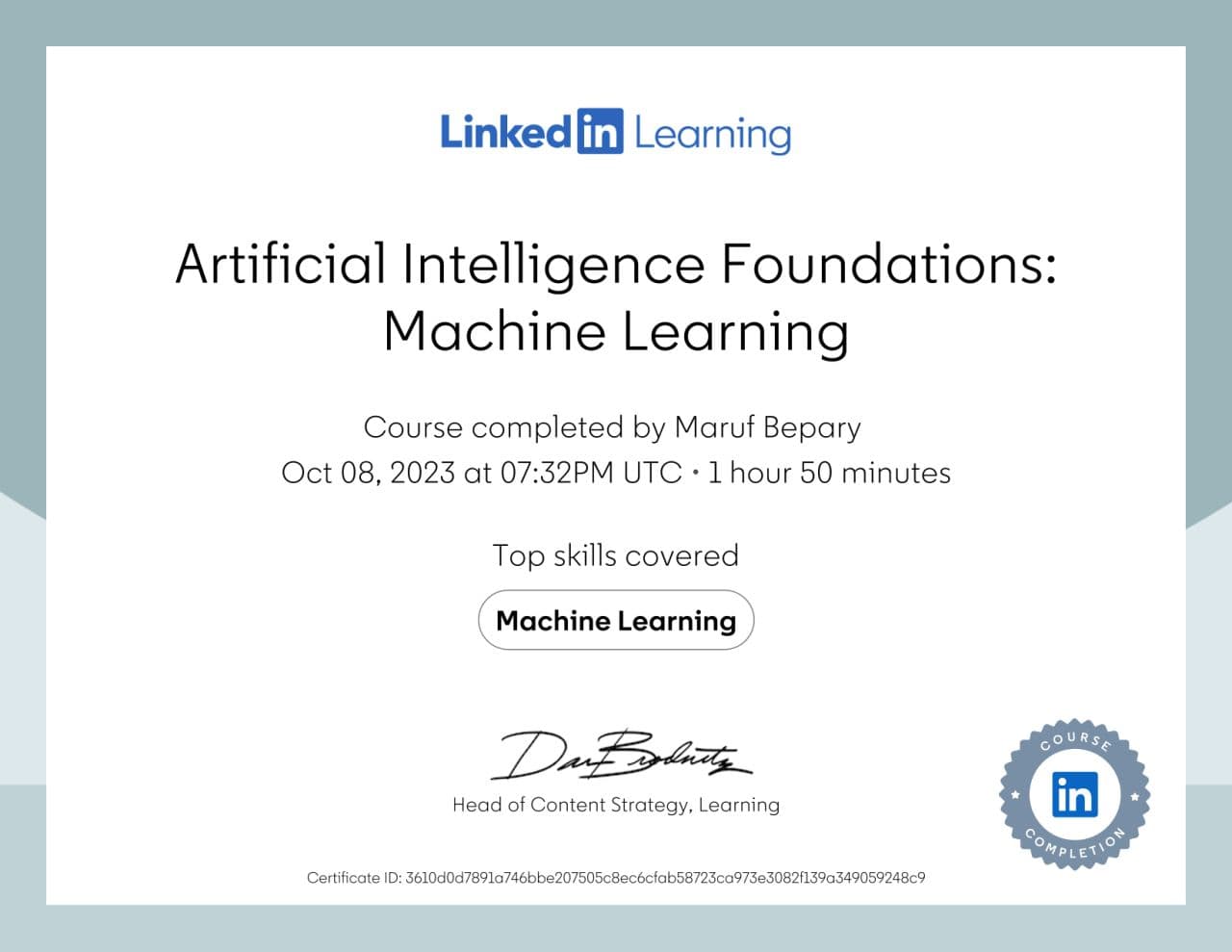 Artificial Intelligence Foundations: Artificial Intelligence certificate image