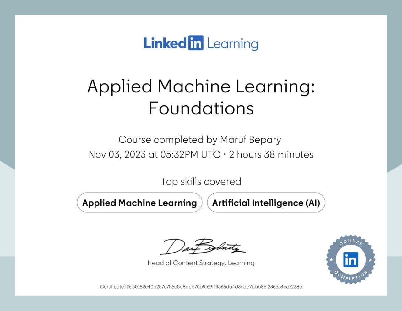 Applied Artificial Intelligence: Foundations certificate image