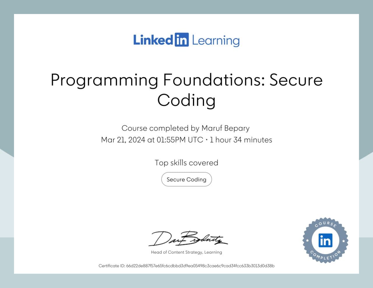 Programming Foundations: Secure Coding certificate image