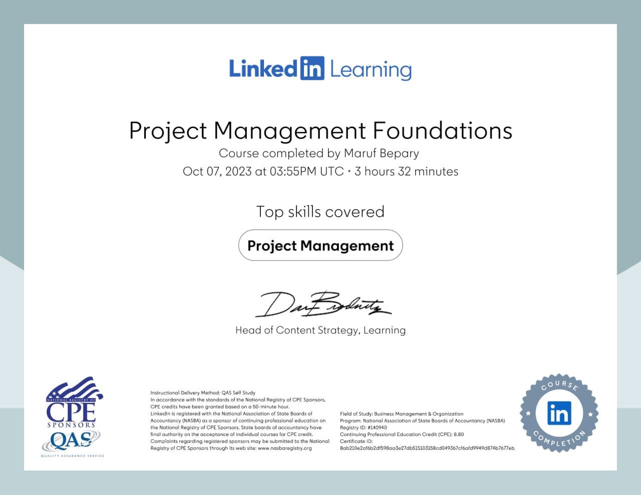 Project Management Foundations certificate image