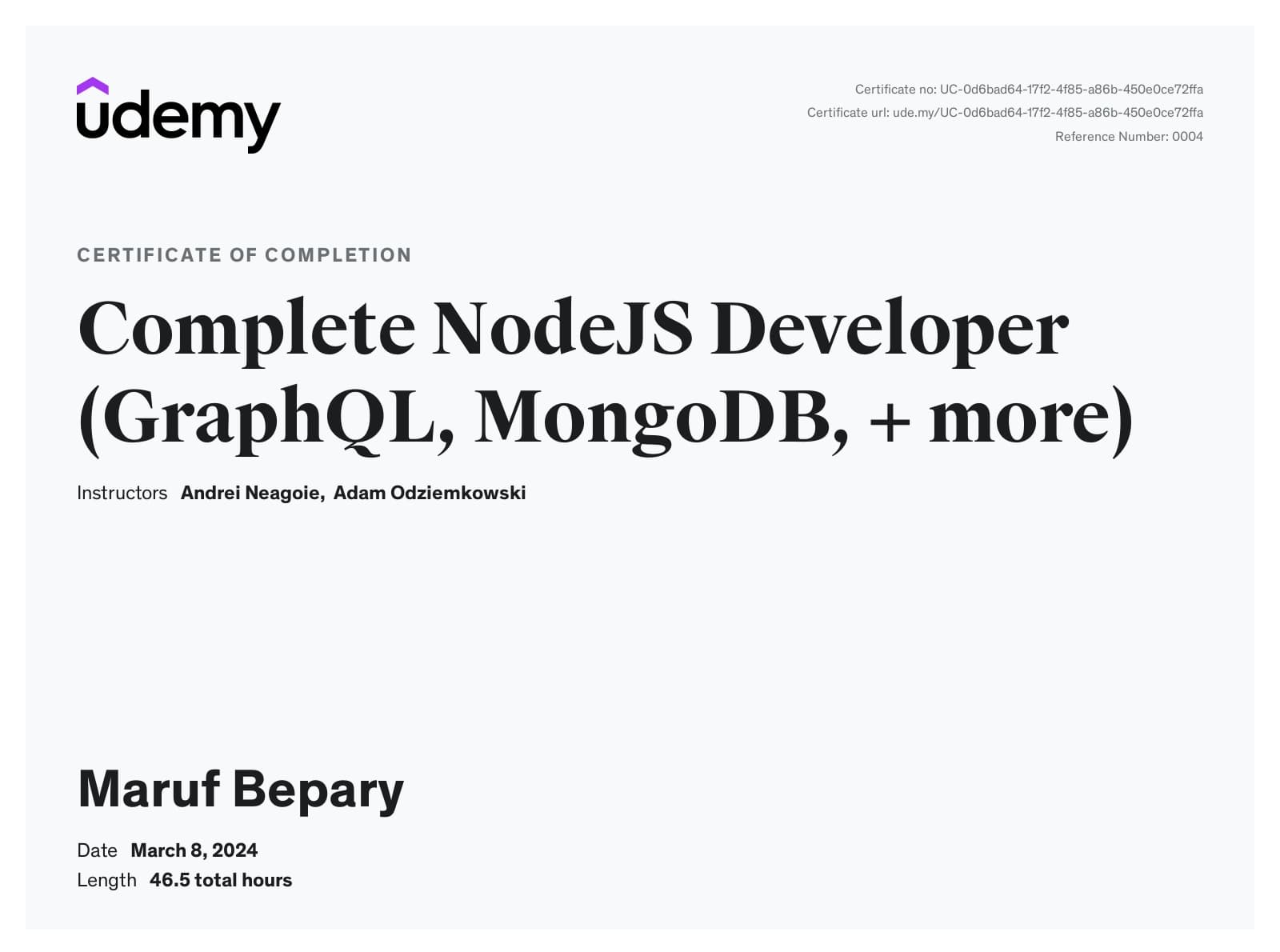 The Complete Node.js Developer certificate image