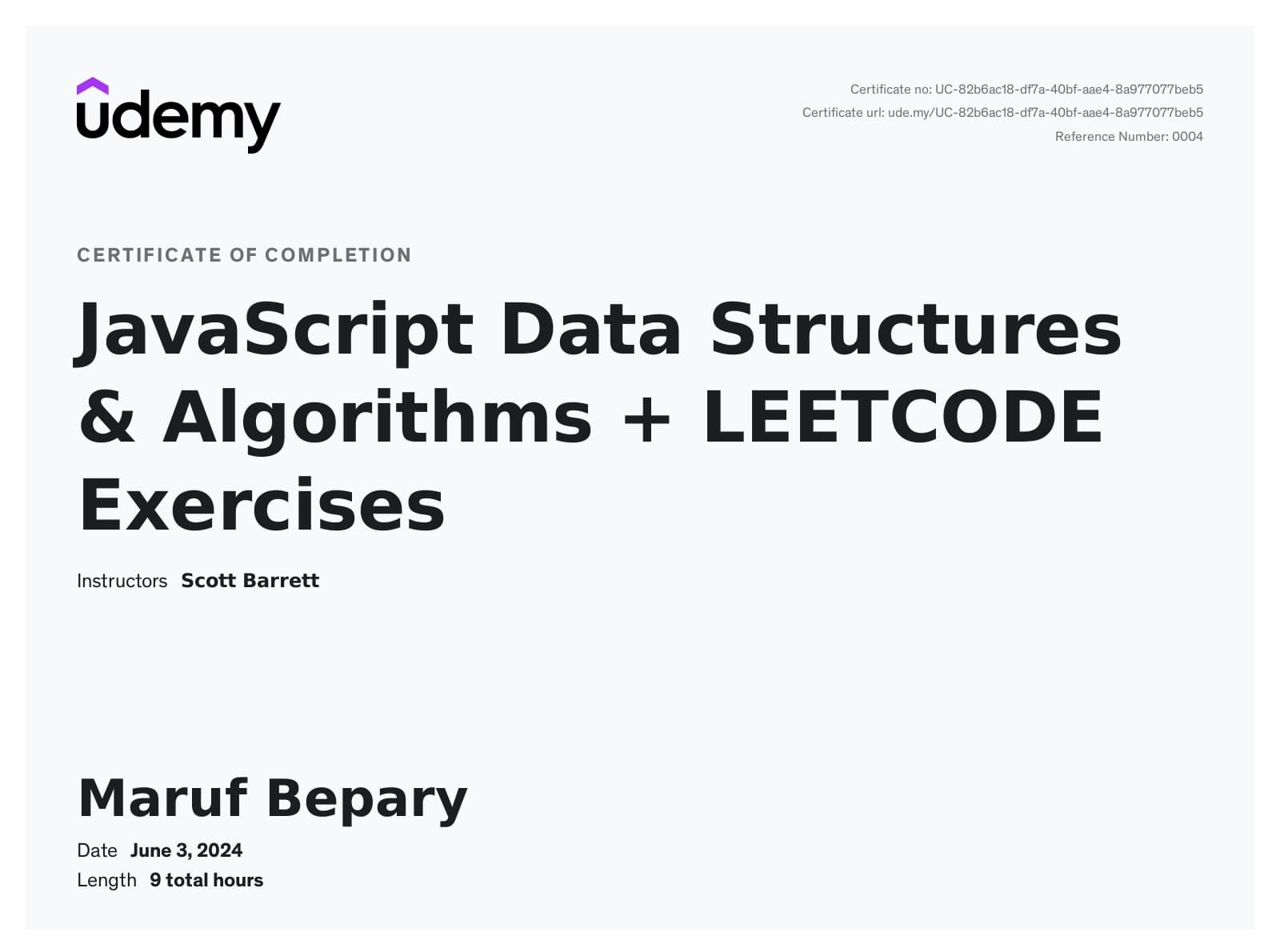 JavaScript Data Structures & Algorithms certificate image