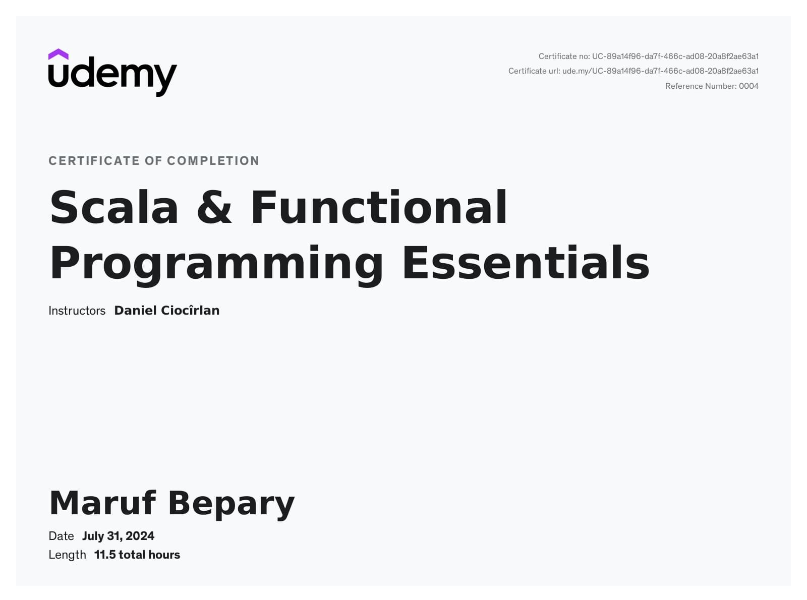Scala and Functional Programming Essentials certificate image