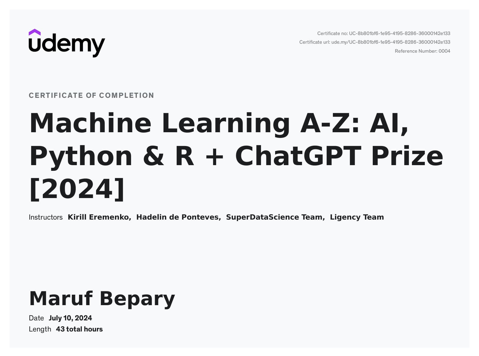 Machine Learning A-Z certificate image