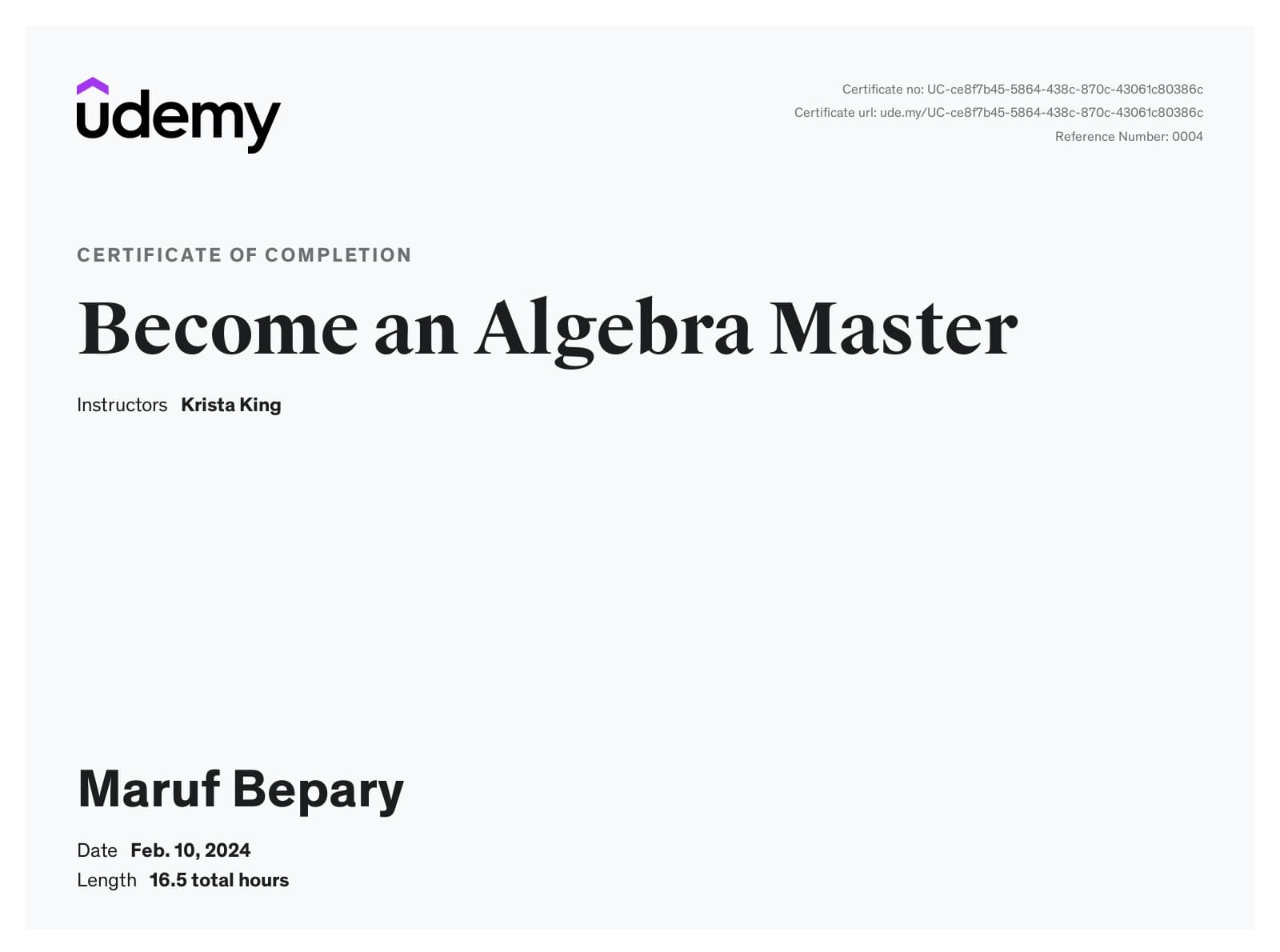 Become an Algebra Master certificate image