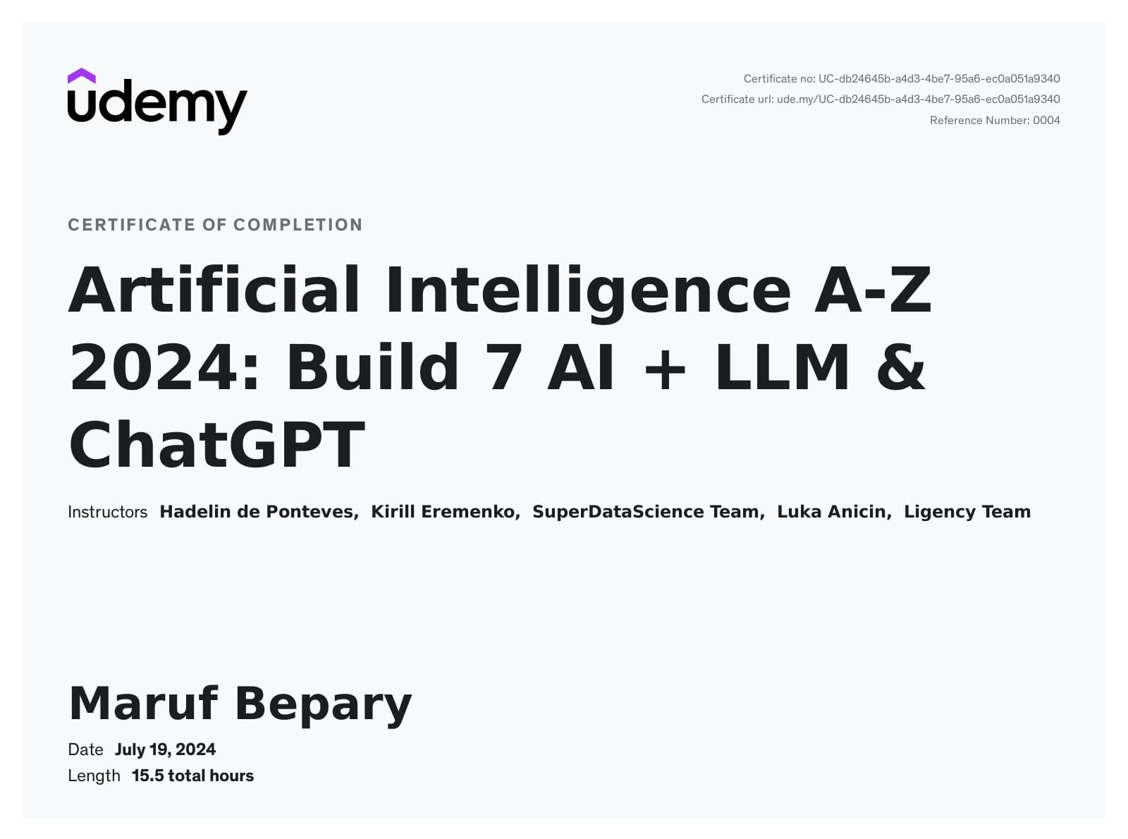 Artificial Intelligece A-Z certificate image