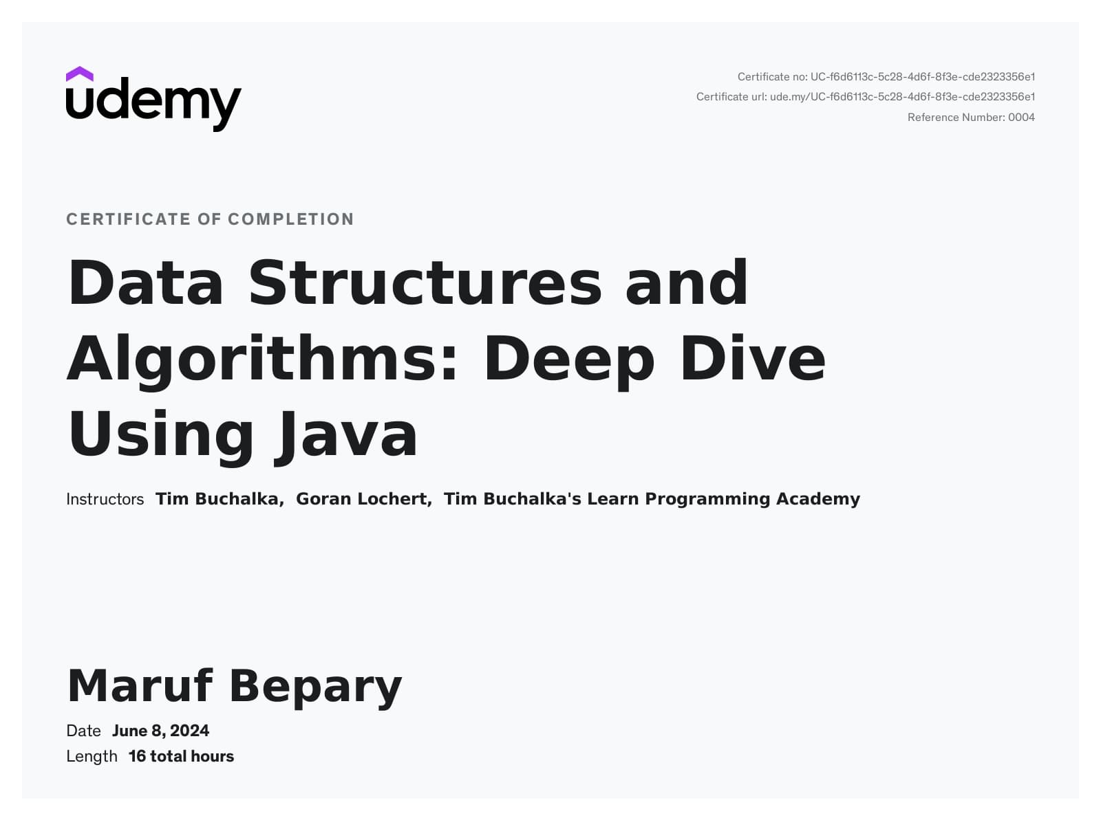 Data Structures and Algorithms: Deep Dive Using Java certificate image