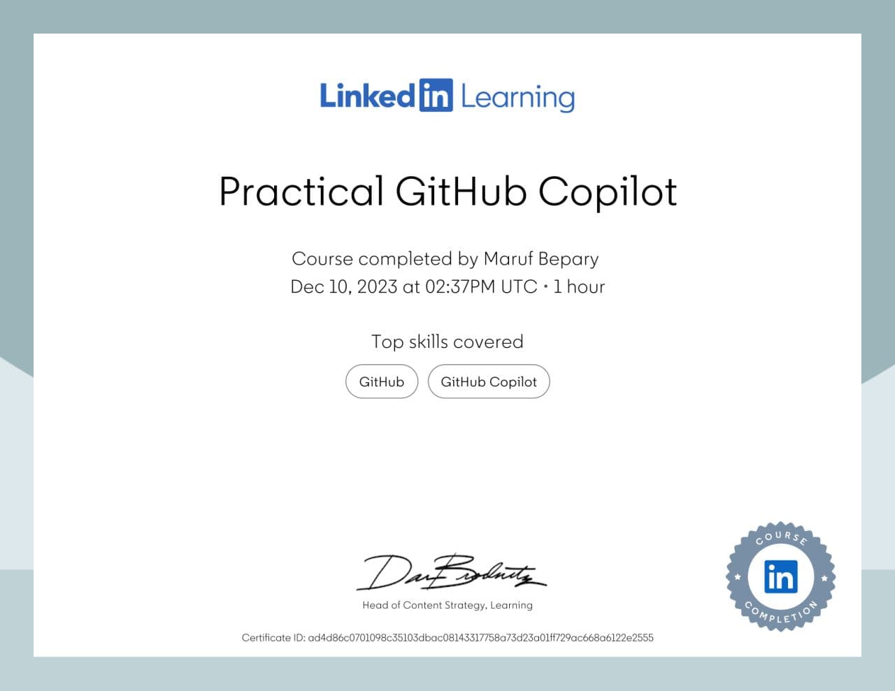 Practical GitHub Copilot certificate image