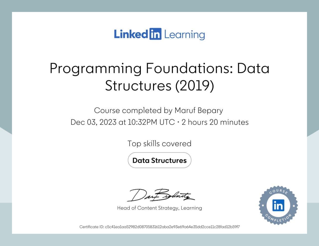 Programming Foundations: Data Structures certificate image