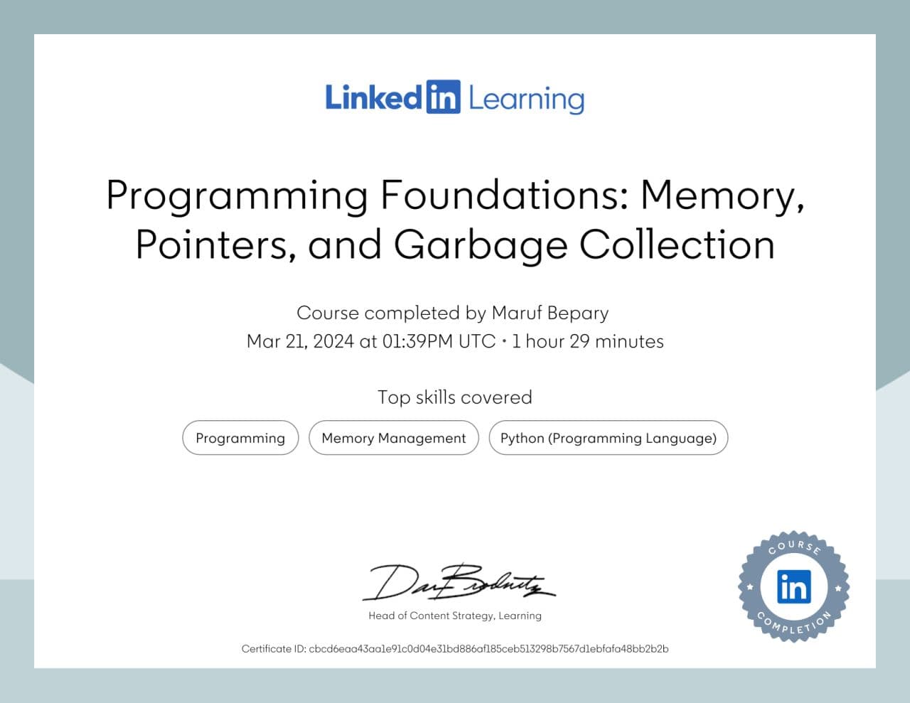 Programming Foundations: Memory, Pointers, and Garbage Collection certificate image