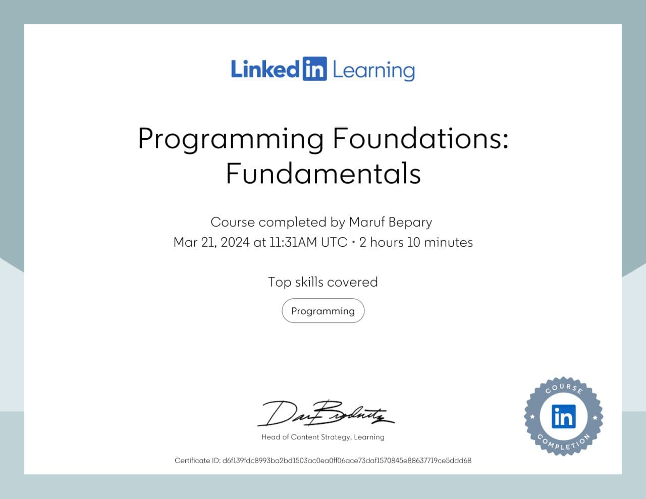 Programming Foundations: Fundamentals certificate image
