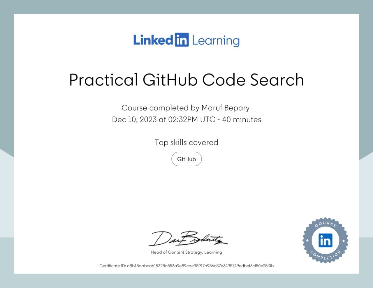 Practical GitHub Code Search certificate image
