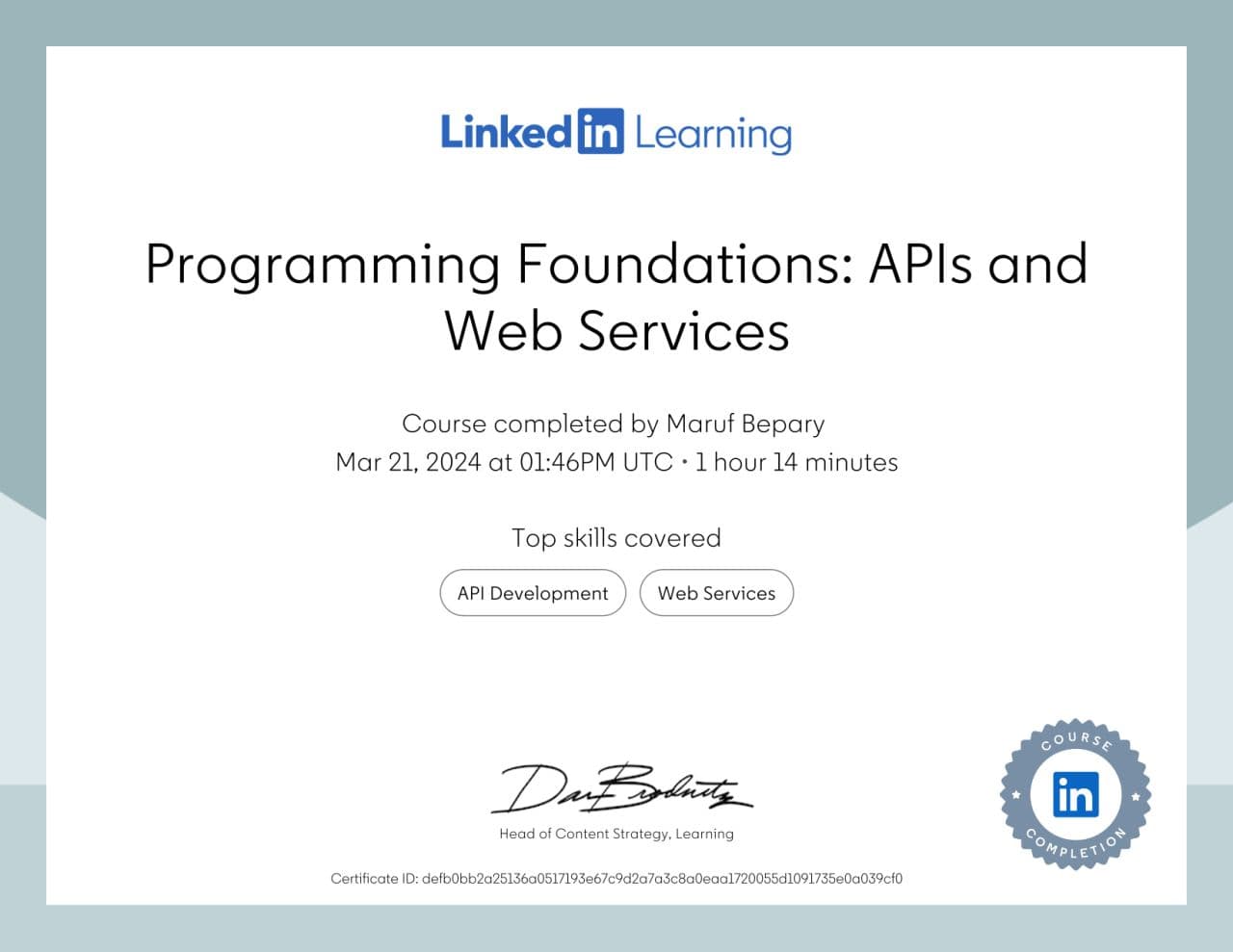 Programming Foundations: APIs and Web Services certificate image