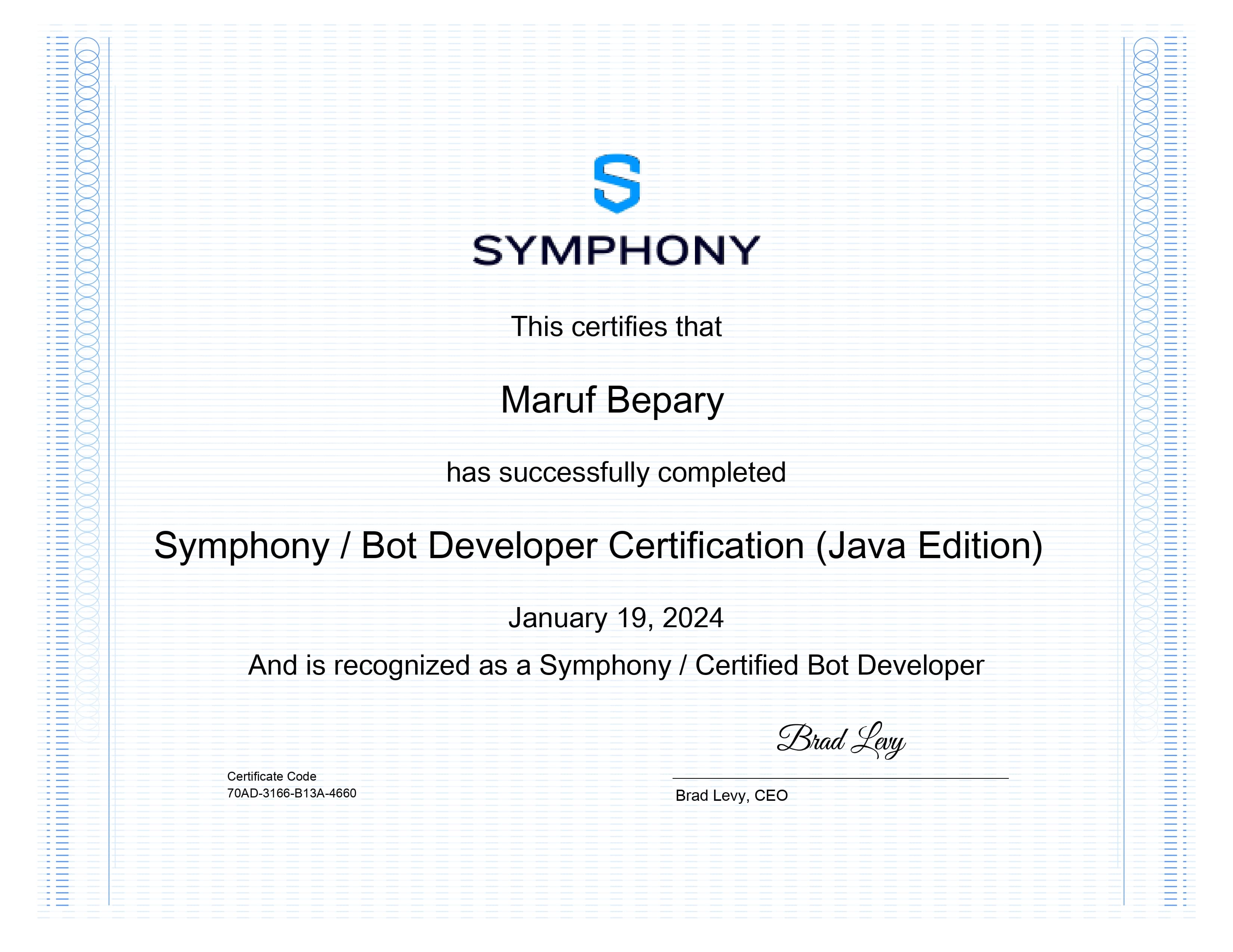 Symphony Certified Bot Developer (Java) certificate image