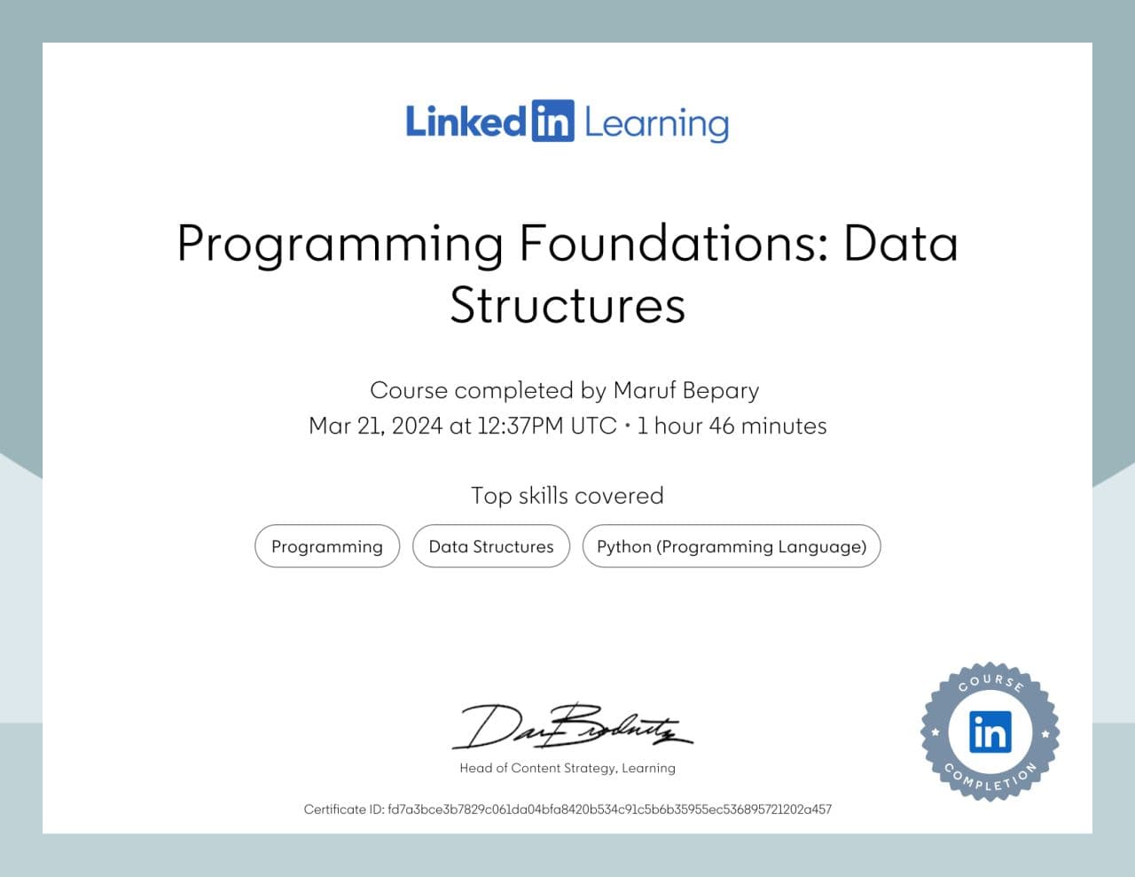 Programming Foundations: Data Structures certificate image